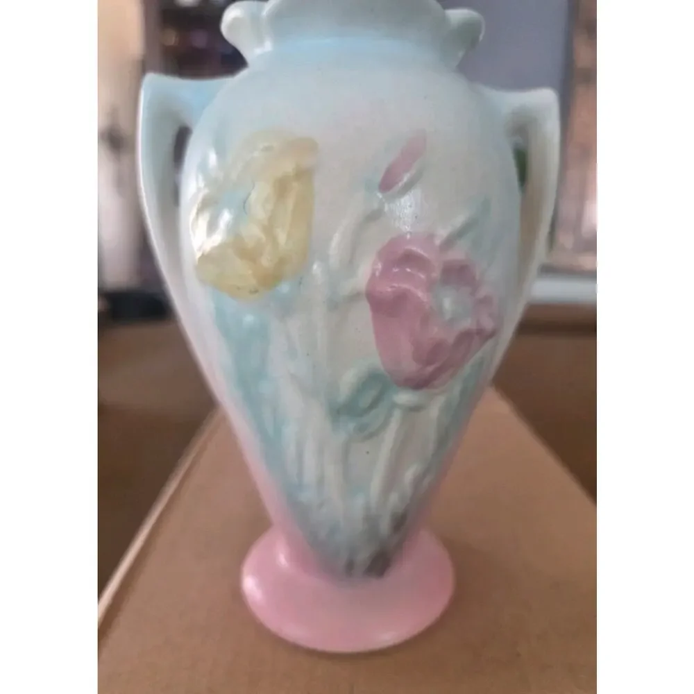 Hull 607-5 1/2 Art Pottery Floral Vase Blue Pink Yellow 1940s Impressed Vintage